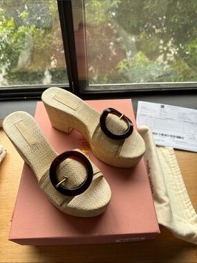 cult gaia Natural Beige Platform Mules with Tortoiseshell Buckles